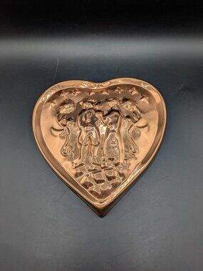 Vintage Copper Tin Lined Heart Mold Loving Couple Wall Art Hanging 9"